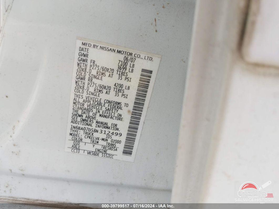 1N6BA07D58N312499 2008 NISSAN TITAN photo no. 9
