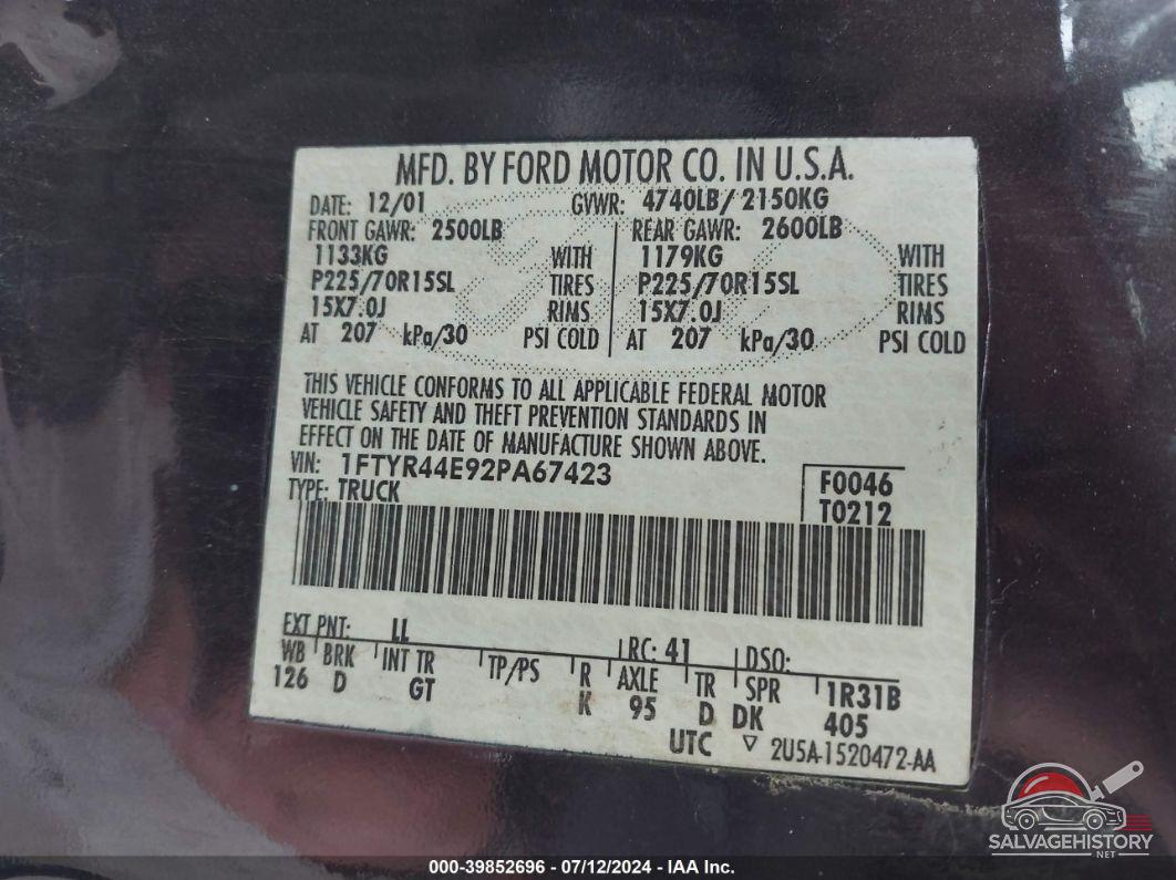 1FTYR44E92PA67423 2002 FORD RANGER photo no. 9