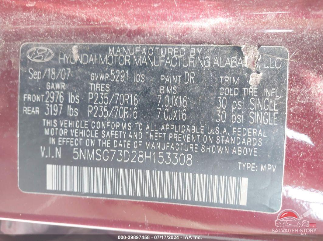 5NMSG73D28H153308 2008 HYUNDAI SANTA FE photo no. 9
