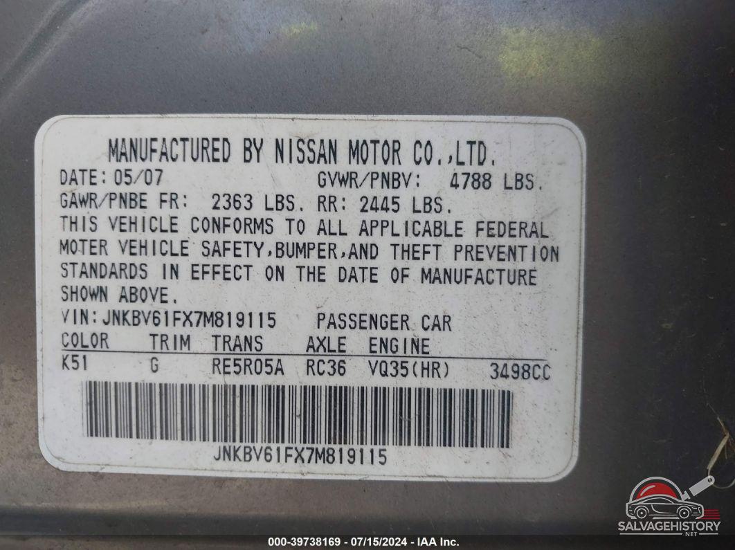 JNKBV61FX7M819115 2007 INFINITI G35X photo no. 9