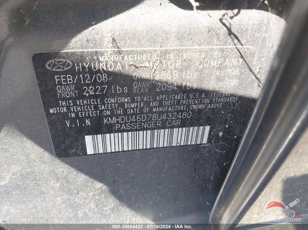 KMHDU46D78U432480 2008 HYUNDAI ELANTRA photo no. 9