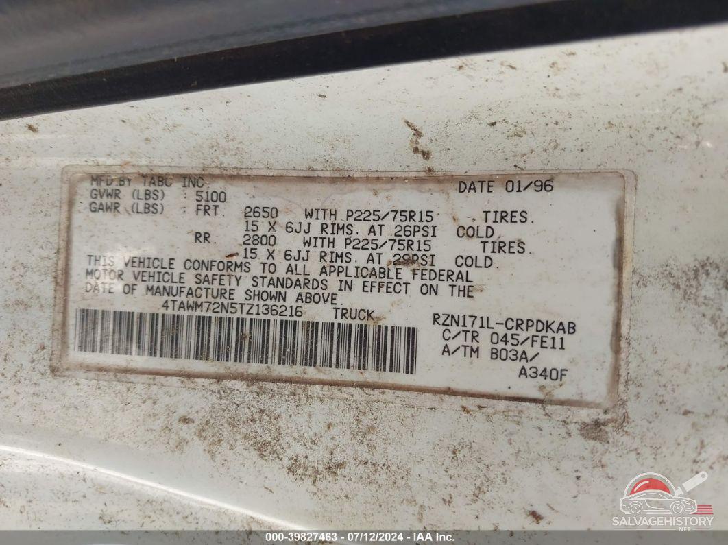 4TAWM72N5TZ136216 1996 TOYOTA TACOMA photo no. 9