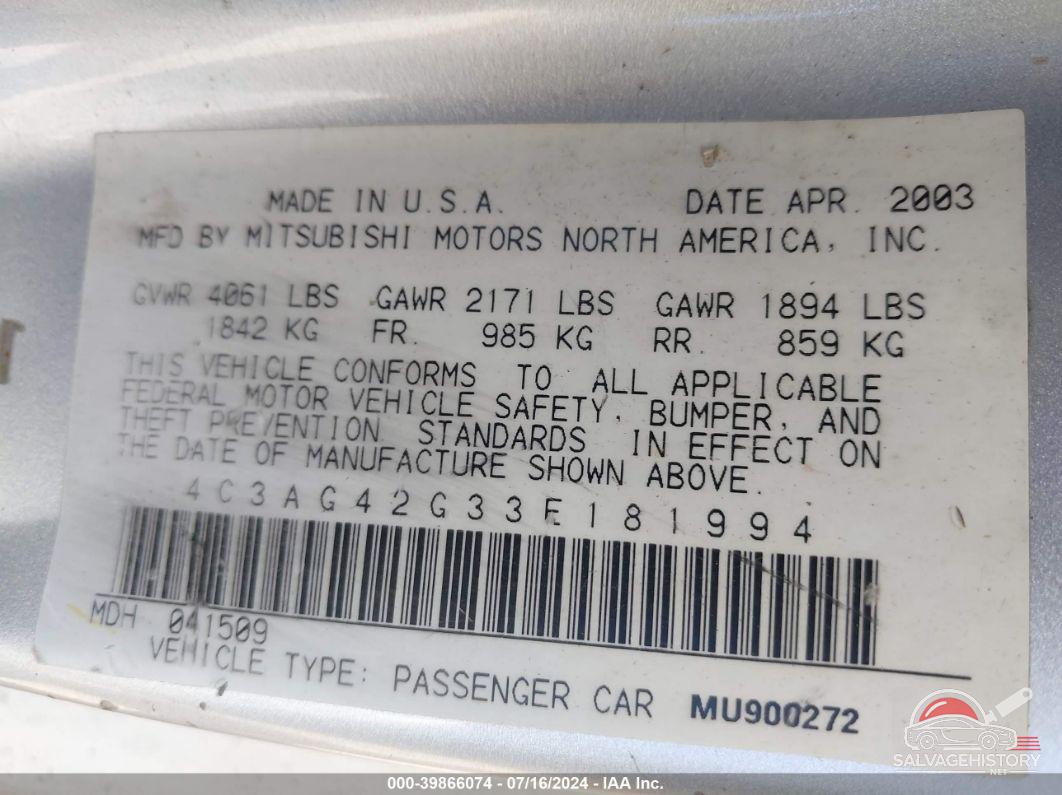 4C3AG42G33E181994 2003 CHRYSLER SEBRING photo no. 9