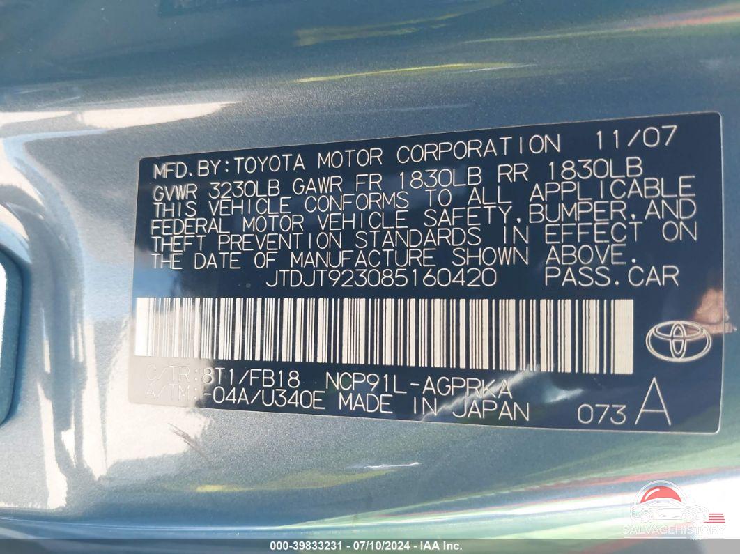JTDJT923085160420 2008 TOYOTA YARIS photo no. 9