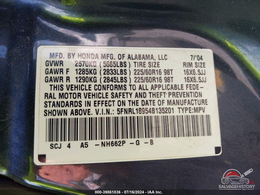 5FNRL18954B135201 2004 HONDA ODYSSEY photo no. 9