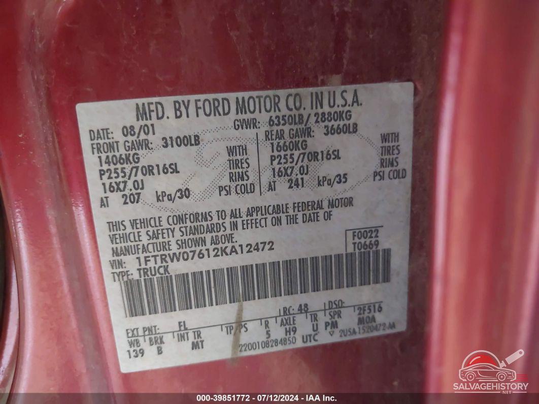 1FTRW07612KA12472 2002 FORD F150 photo no. 9