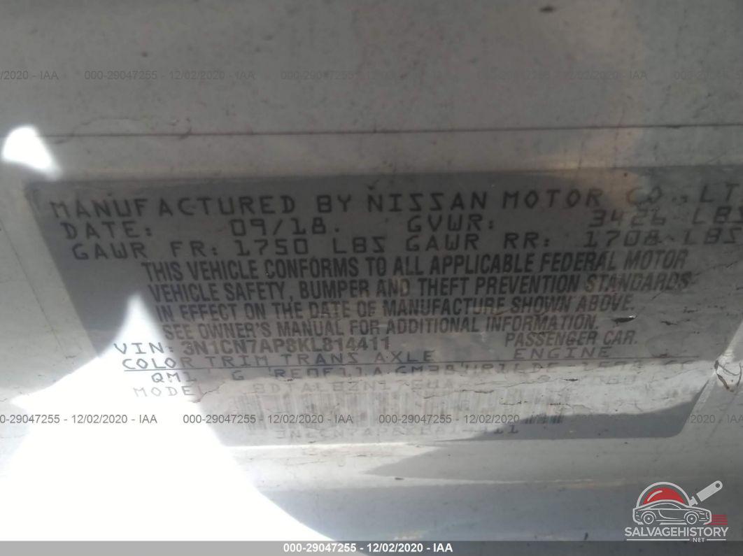 3N1CN7AP8KL814411 2019 NISSAN VERSA SEDAN photo no. 9