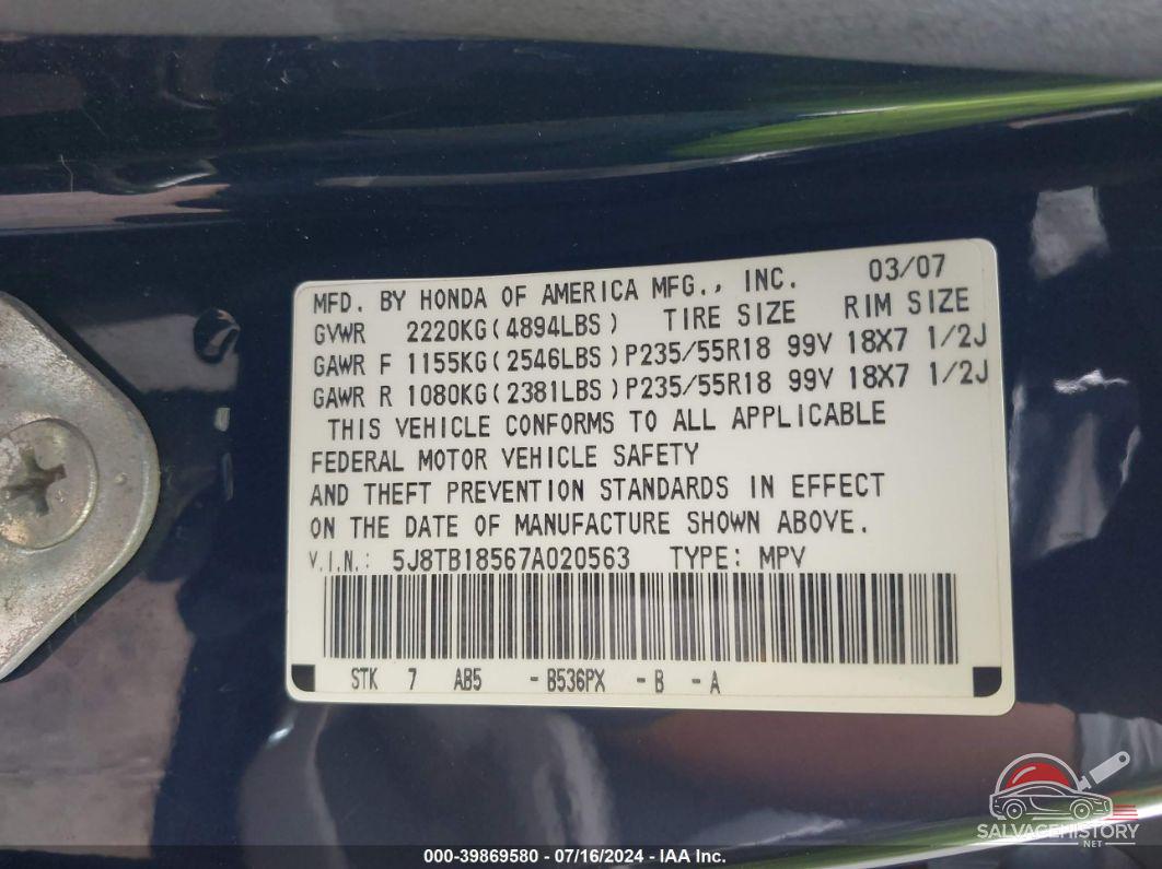 5J8TB18567A020563 2007 ACURA RDX photo no. 9