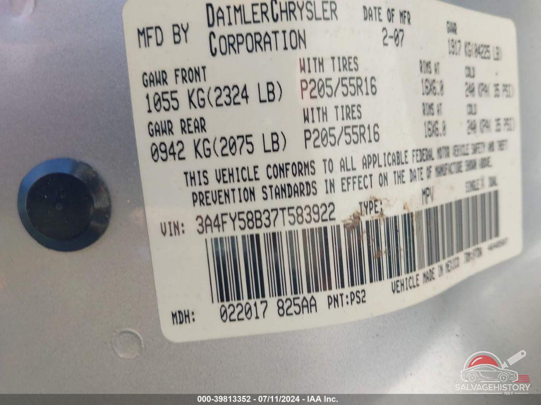 3A4FY58B37T583922 2007 CHRYSLER PT CRUISER photo no. 9