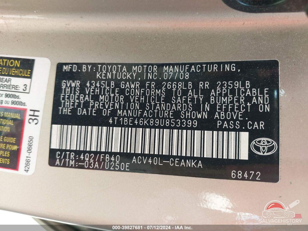4T1BE46K89U853399 2009 TOYOTA CAMRY photo no. 9