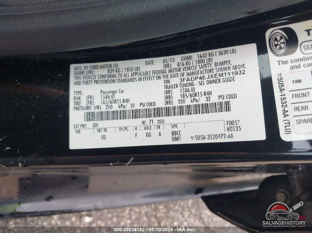3FADP4EJXEM111932 2014 FORD FIESTA photo no. 9
