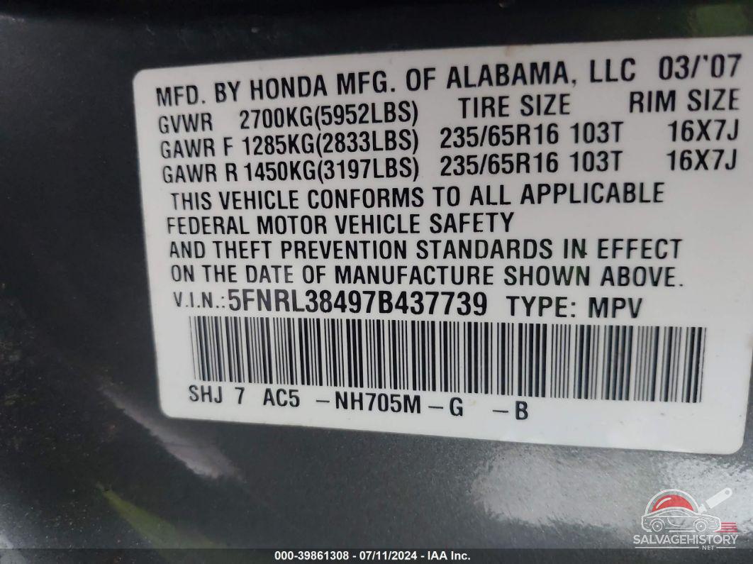 5FNRL38497B437739 2007 HONDA ODYSSEY photo no. 9