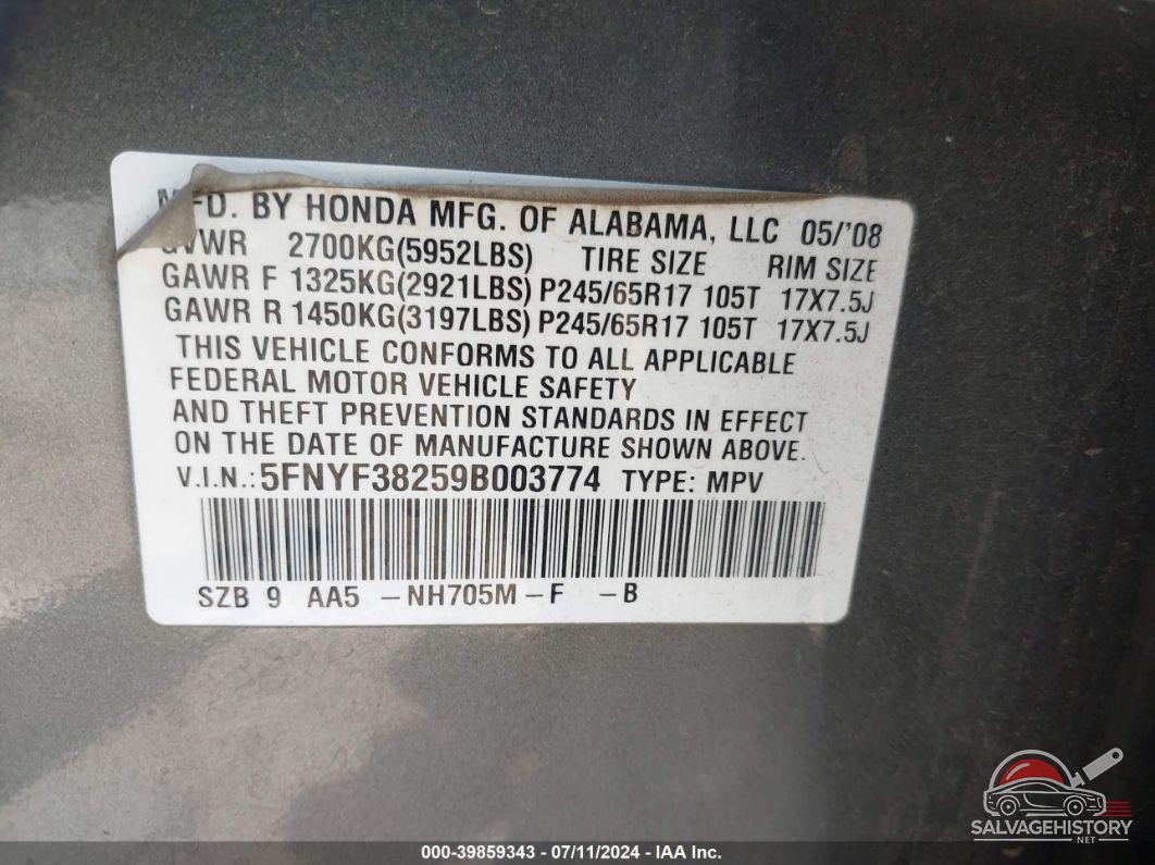 5FNYF38259B003774 2009 HONDA PILOT photo no. 9