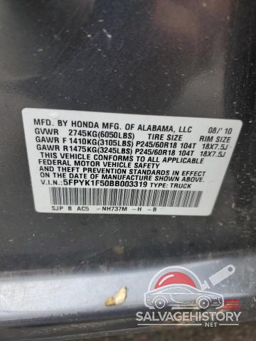 5FPYK1F50BB003319 2011 HONDA RIDGELINE photo no. 13