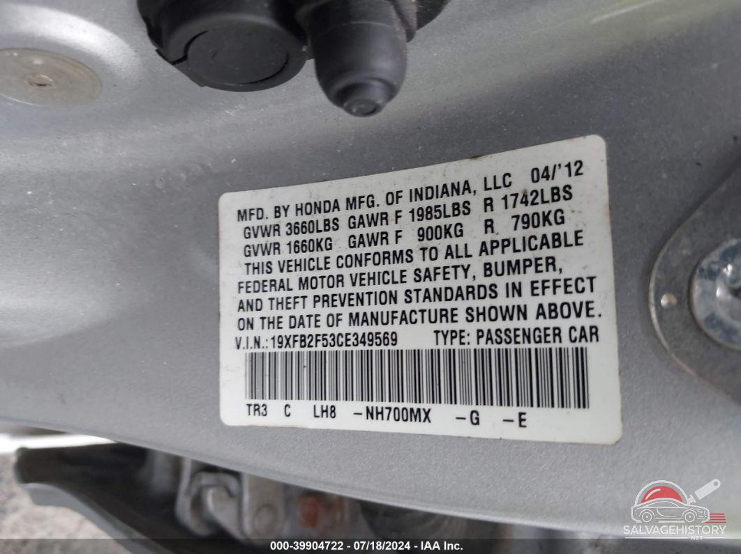 19XFB2F53CE349569 2012 HONDA CIVIC photo no. 9