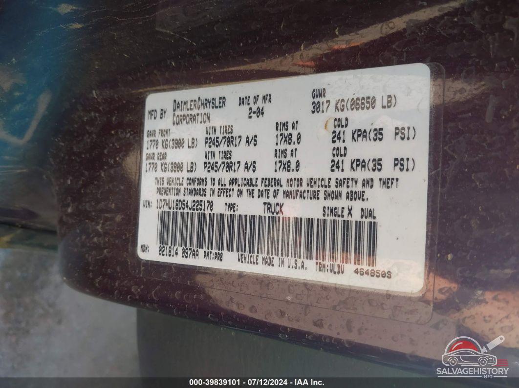 1D7HU18D54J225170 2004 DODGE RAM 1500 photo no. 9