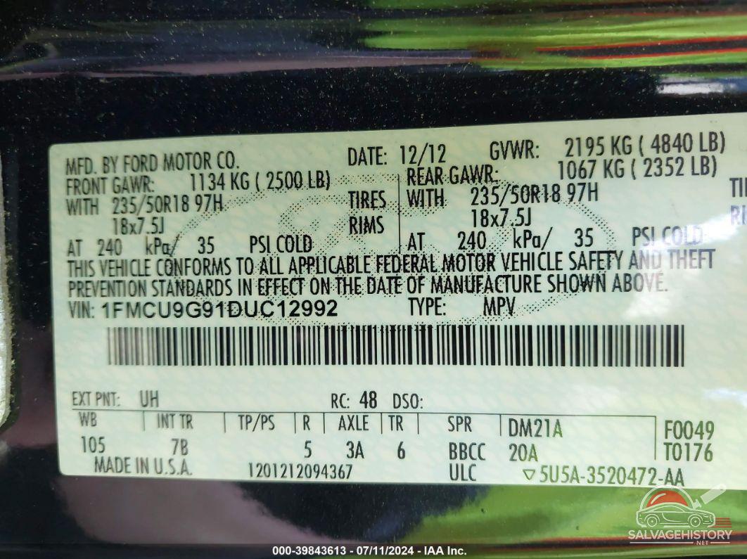 1FMCU9G91DUC12992 2013 FORD ESCAPE photo no. 9