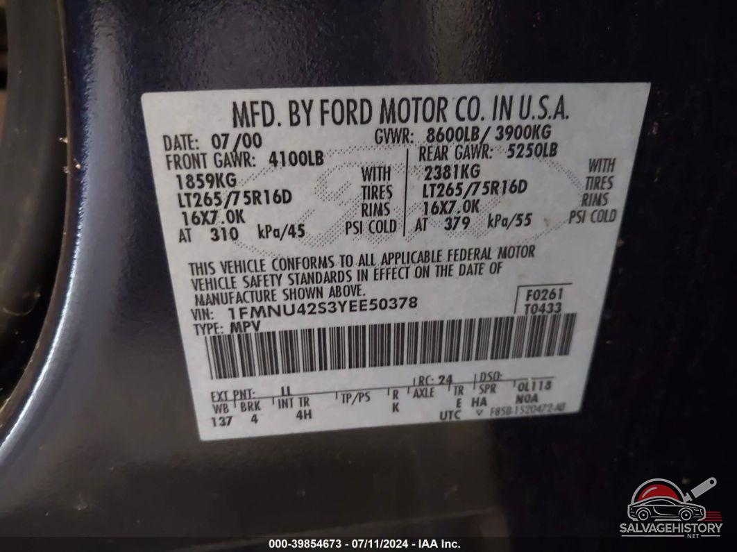 1FMNU42S3YEE50378 2000 FORD EXCURSION photo no. 9