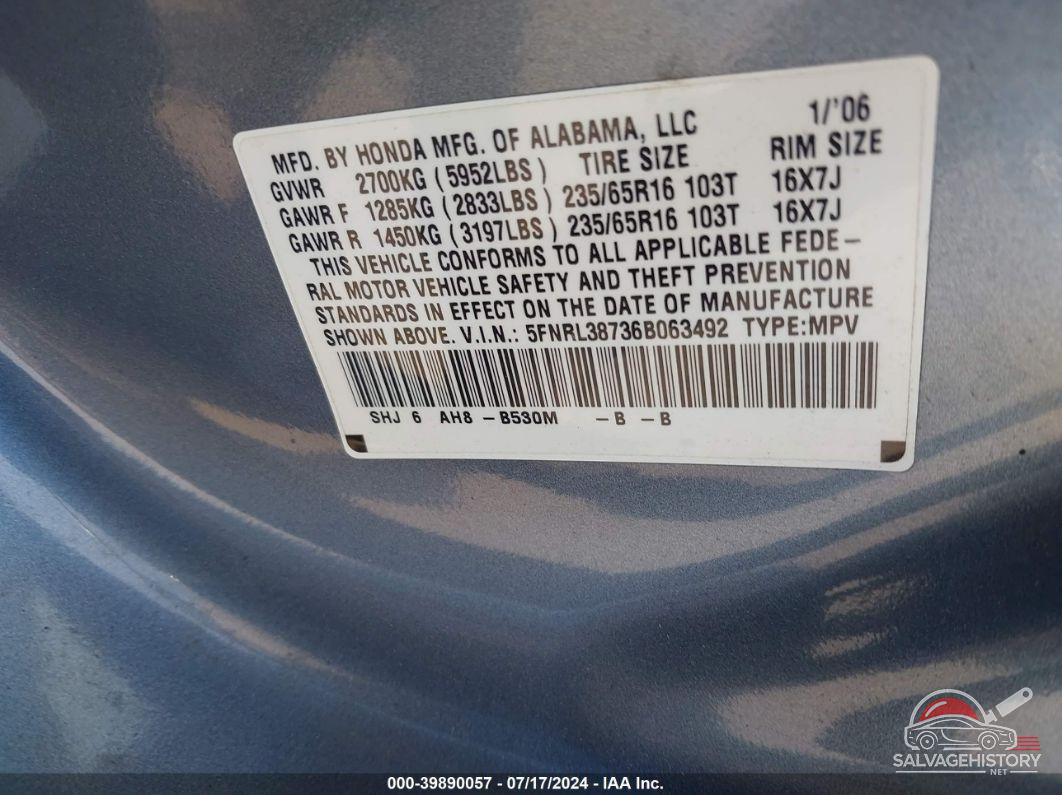 5FNRL38736B063492 2006 HONDA ODYSSEY photo no. 9