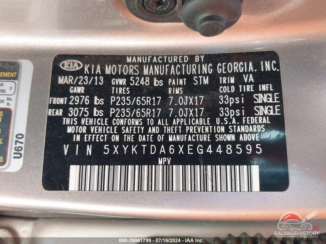 5XYKTDA6XEG448595 2014 KIA SORENTO photo no. 9