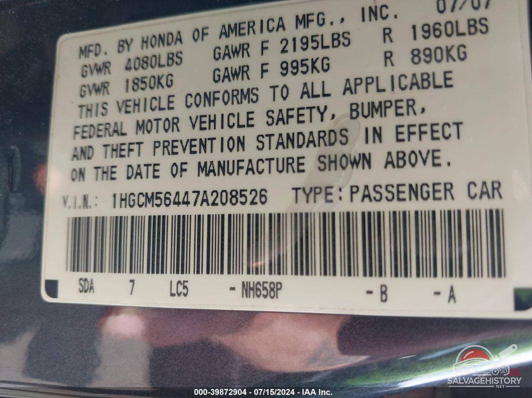 1HGCM56447A208526 2007 HONDA ACCORD photo no. 9