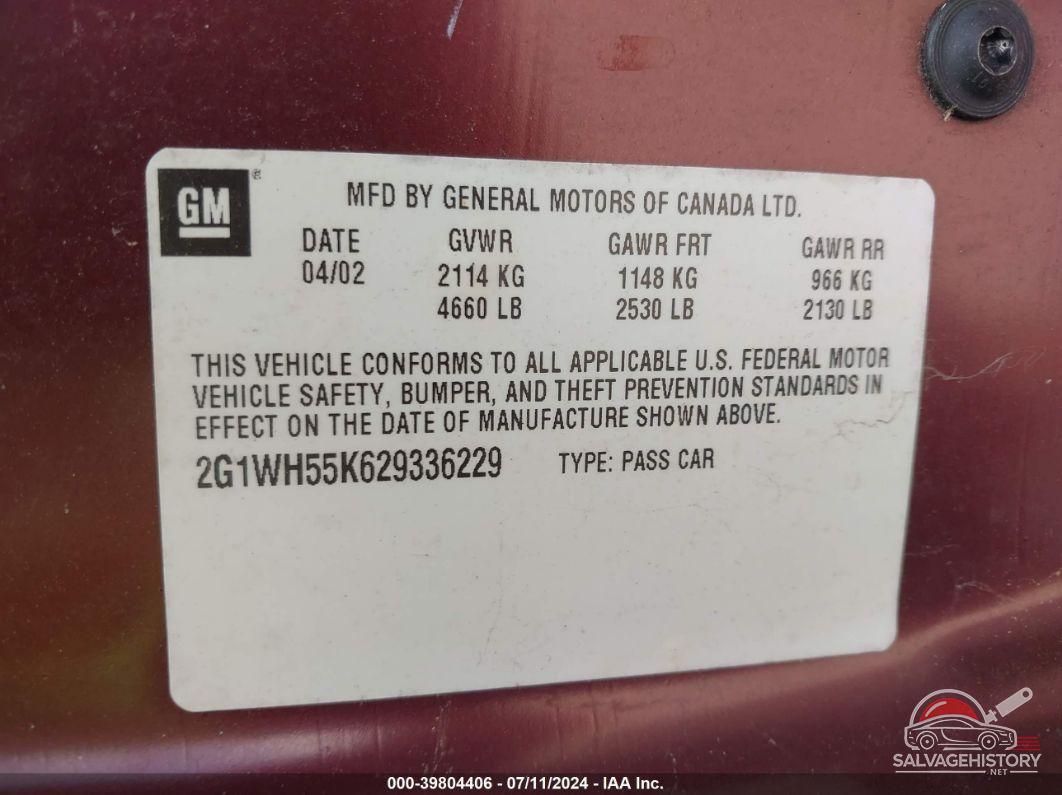 2G1WH55K629336229 2002 CHEVROLET IMPALA photo no. 9