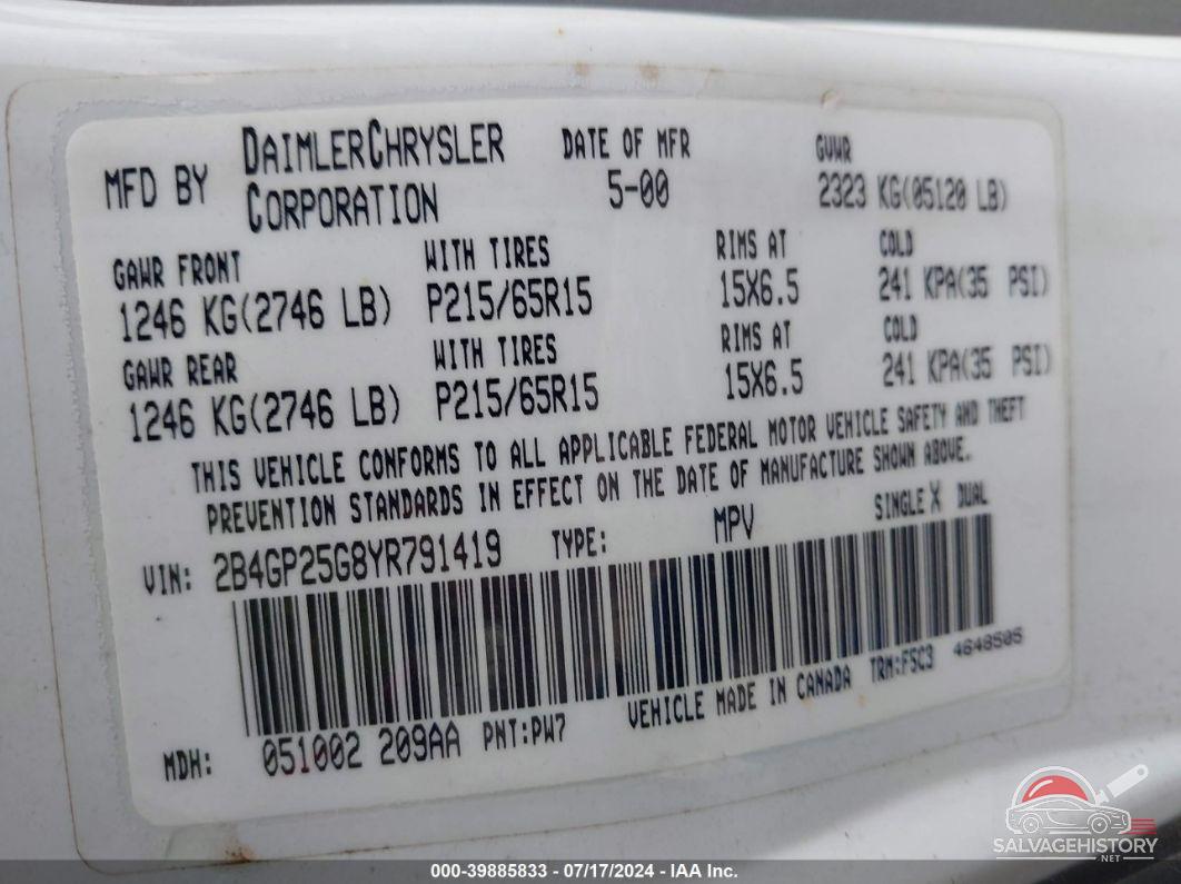 2B4GP25G8YR791419 2000 DODGE CARAVAN photo no. 9