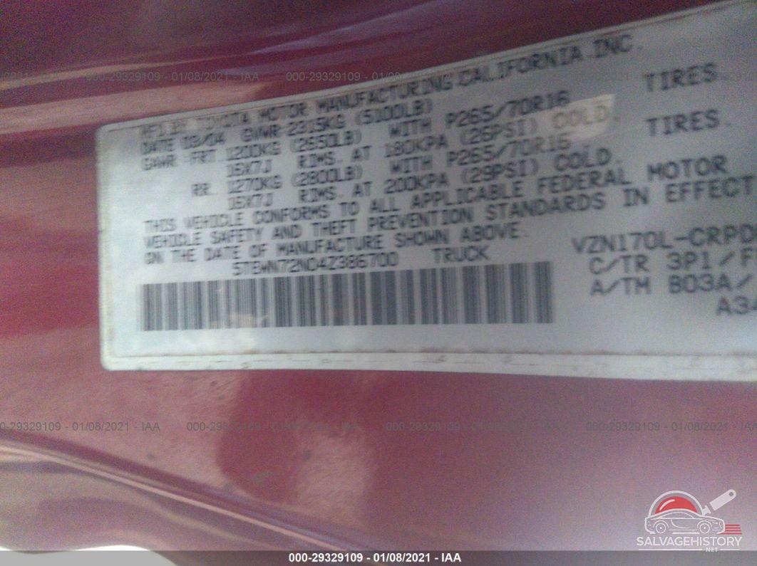 5TEWN72N04Z386700 2004 TOYOTA TACOMA photo no. 9