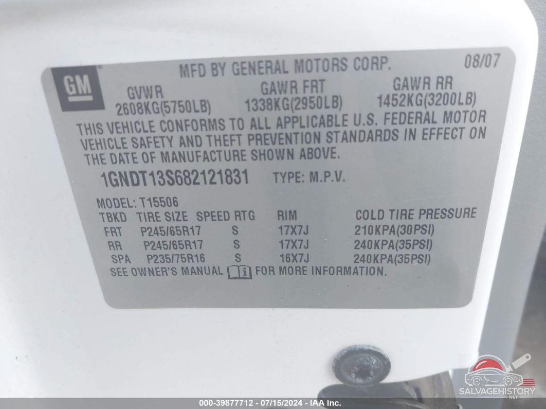 1GNDT13S682121831 2008 CHEVROLET TRAILBLAZER photo no. 9