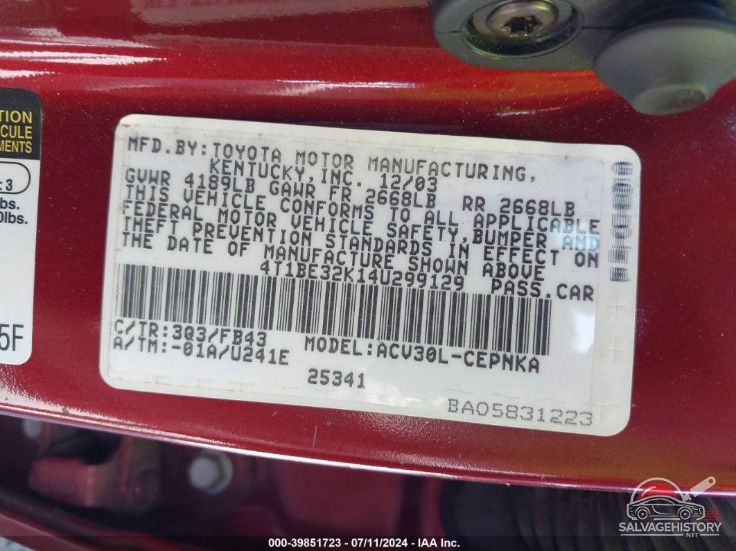 4T1BE32K14U299129 2004 TOYOTA CAMRY photo no. 9