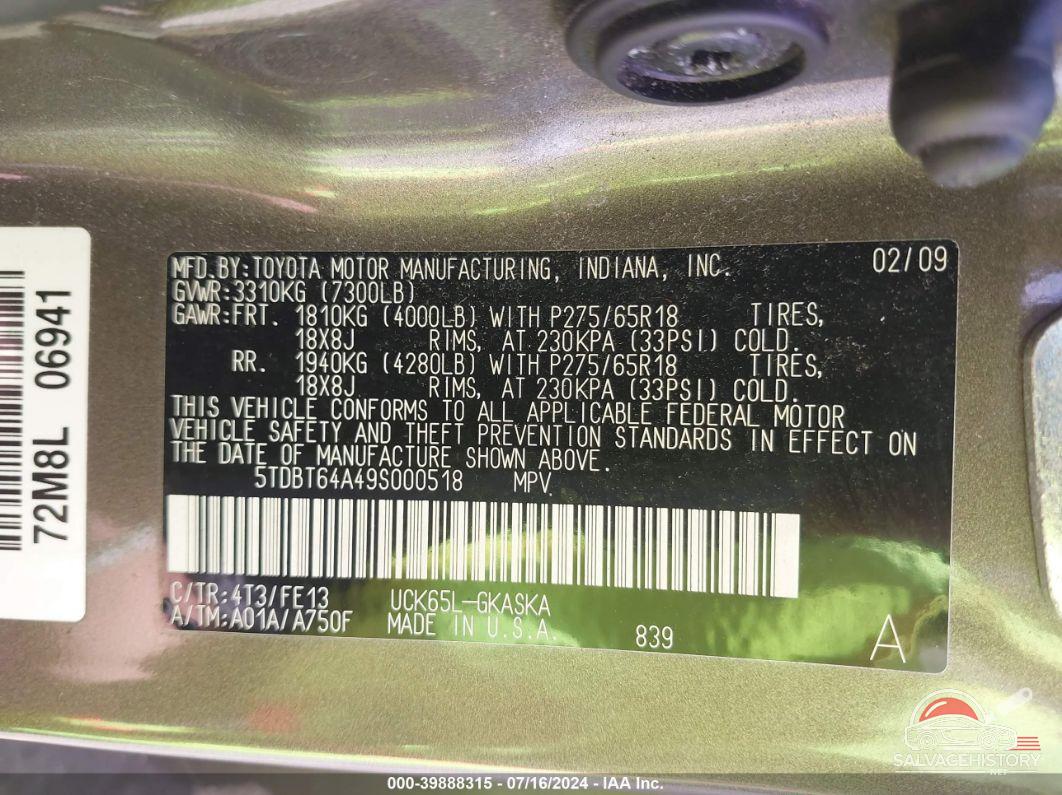 5TDBT64A49S000518 2009 TOYOTA SEQUOIA photo no. 9