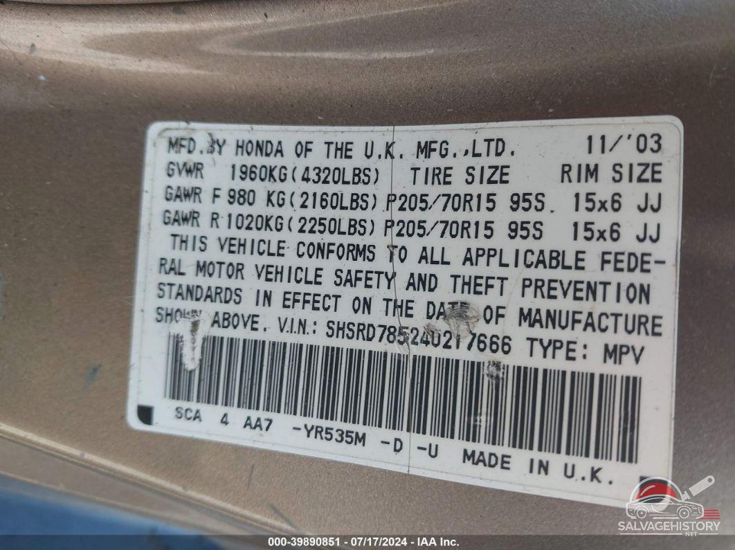 SHSRD78524U217666 2004 HONDA CR-V photo no. 9