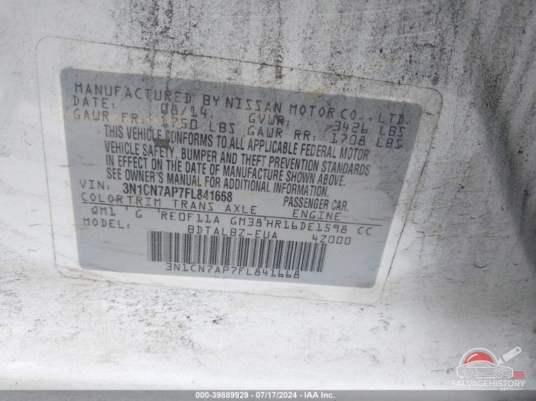 3N1CN7AP7FL841668 2015 NISSAN VERSA photo no. 9