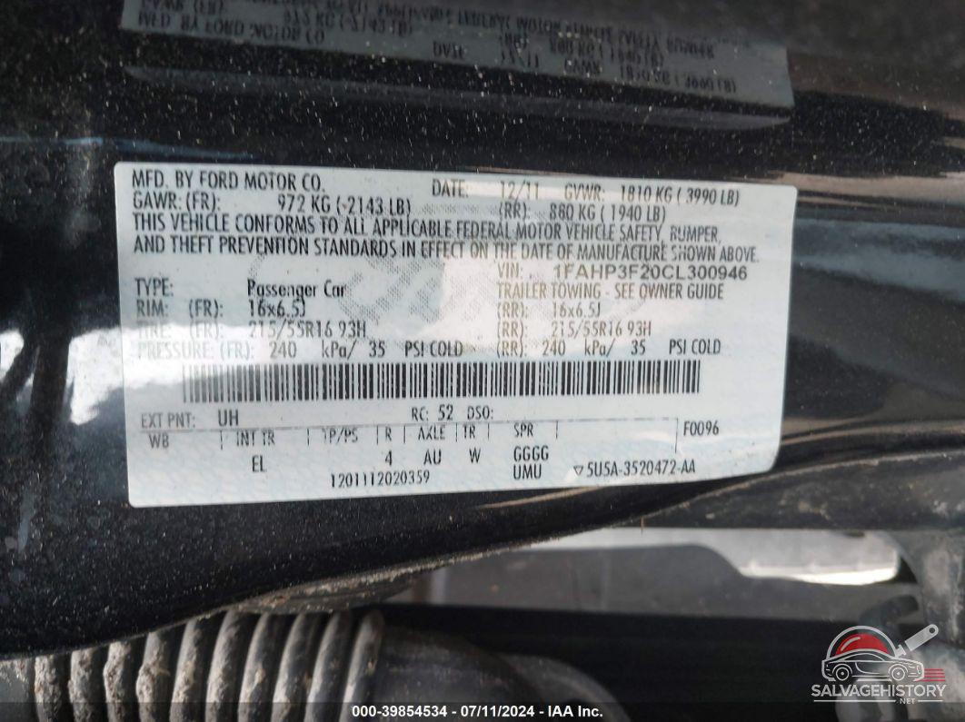 1FAHP3F20CL300946 2012 FORD FOCUS photo no. 9