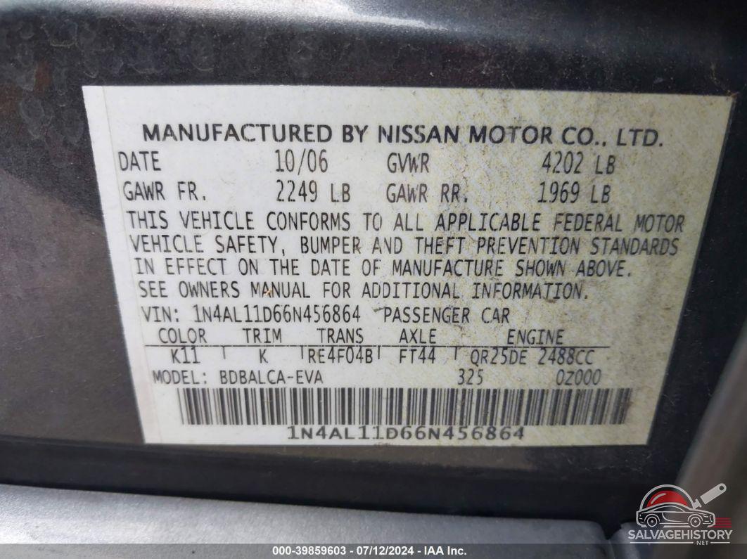 1N4AL11D66N456864 2006 NISSAN ALTIMA photo no. 9