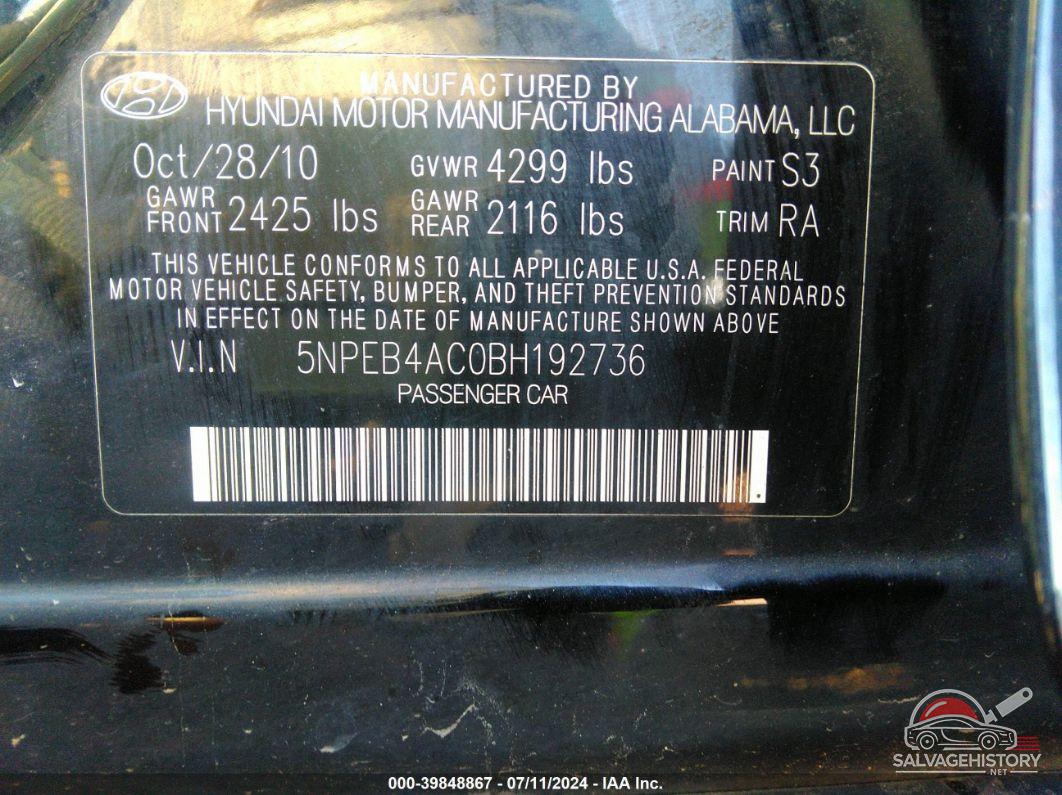 5NPEB4AC0BH192736 2011 HYUNDAI SONATA photo no. 9