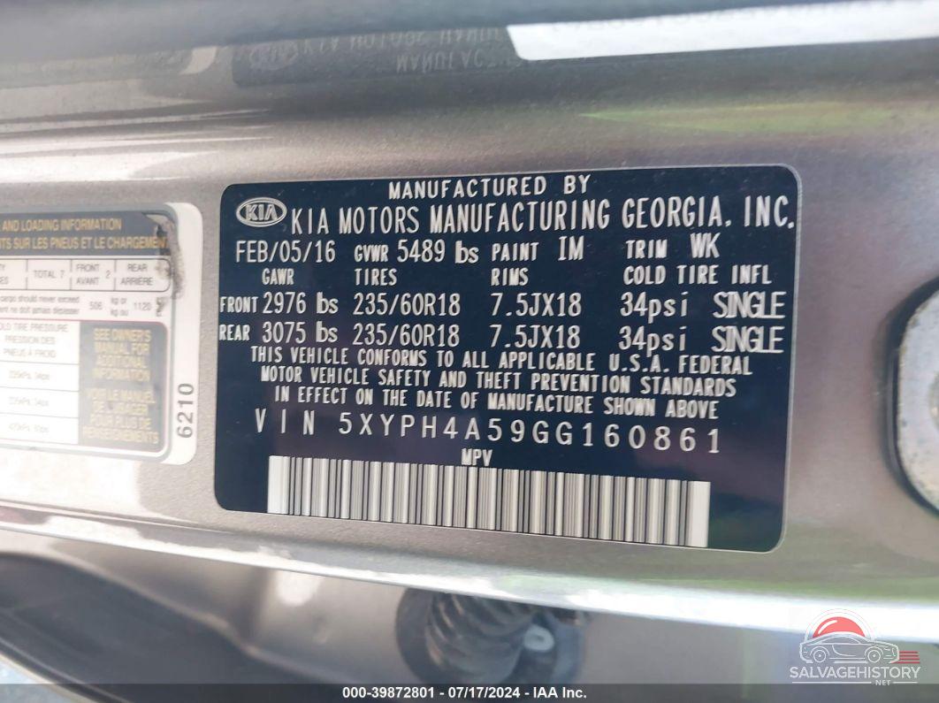 5XYPH4A59GG160861 2016 KIA SORENTO photo no. 9