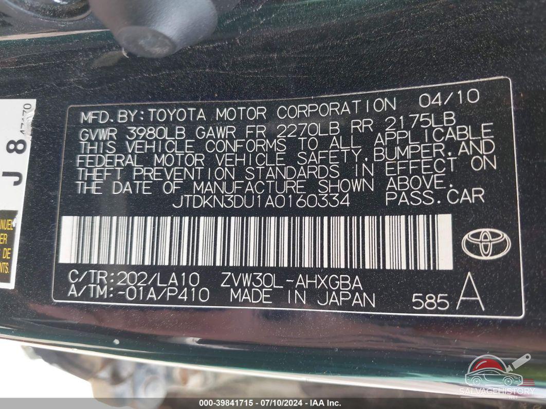 JTDKN3DU1A0160334 2010 TOYOTA PRIUS photo no. 9