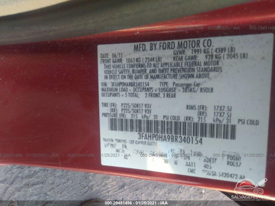 3FAHP0HA9BR340154 2011 FORD FUSION photo no. 9