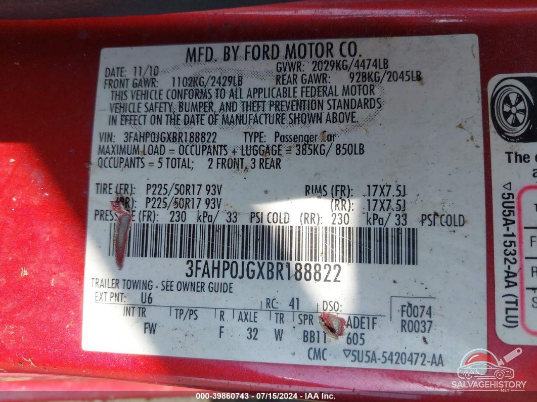 3FAHP0JGXBR188822 2011 FORD FUSION photo no. 9