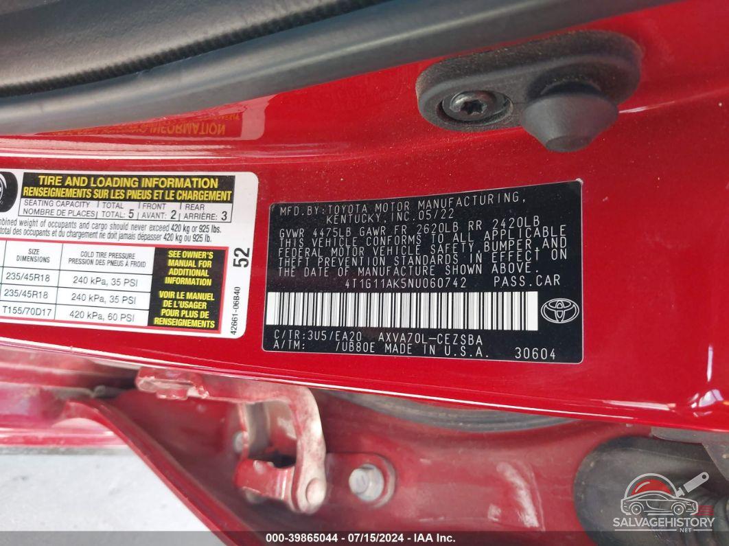 4T1G11AK5NU060742 2022 TOYOTA CAMRY photo no. 9