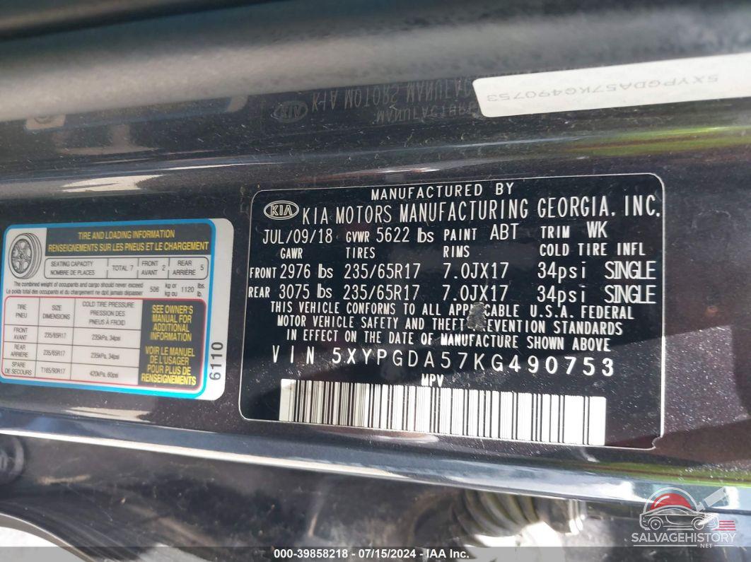5XYPGDA57KG490753 2019 KIA SORENTO photo no. 9