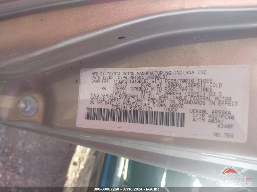 5TBBT44103S361121 2003 TOYOTA TUNDRA photo no. 9