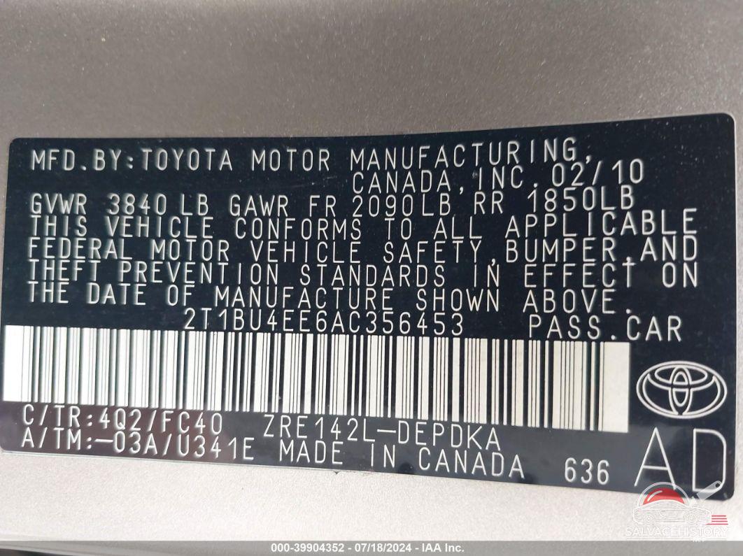 2T1BU4EE6AC356453 2010 TOYOTA COROLLA photo no. 9