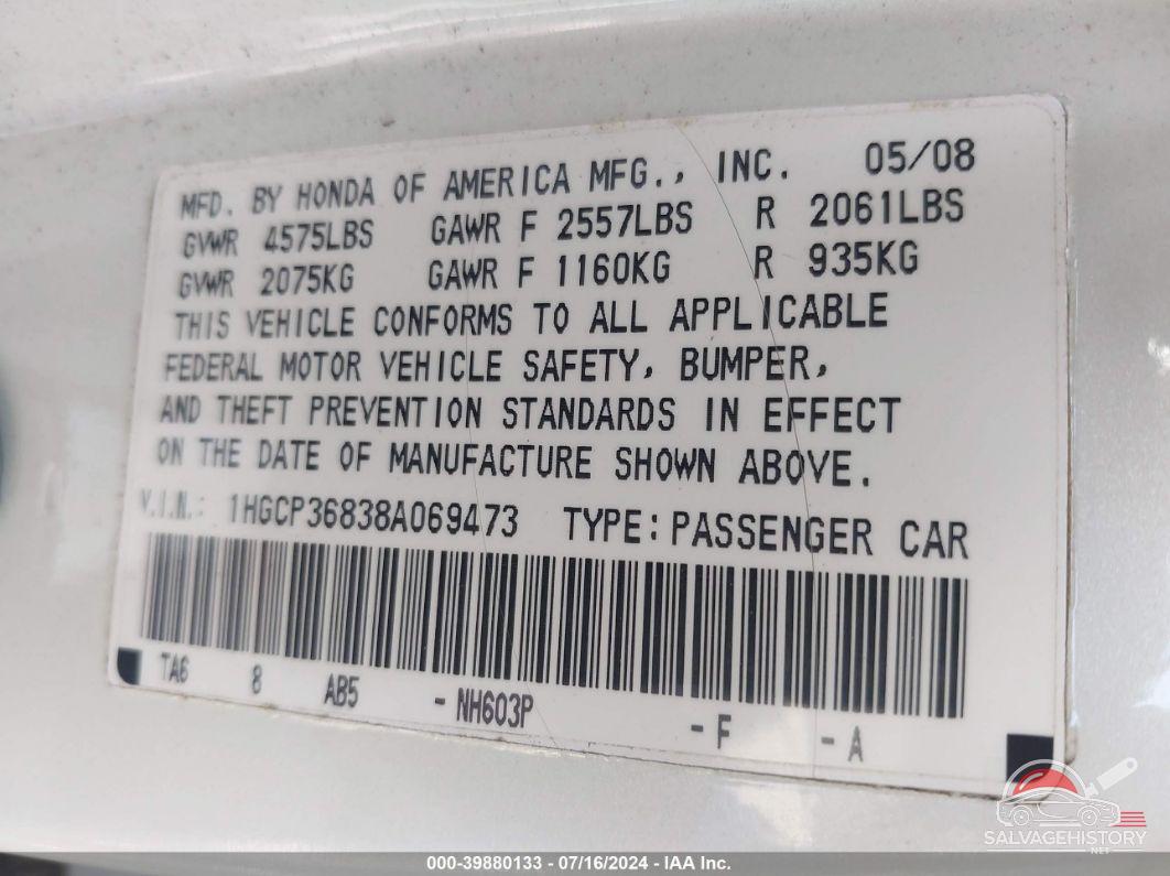 1HGCP36838A069473 2008 HONDA ACCORD photo no. 9