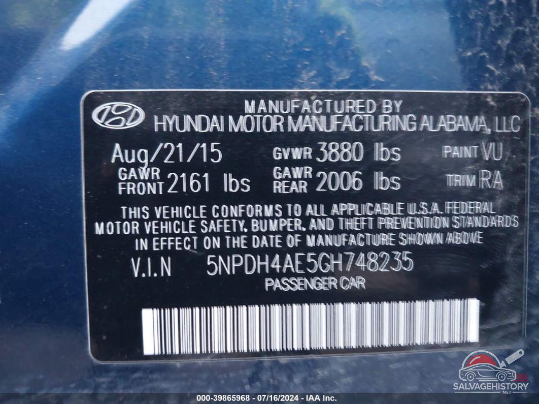 5NPDH4AE5GH748235 2016 HYUNDAI ELANTRA photo no. 9