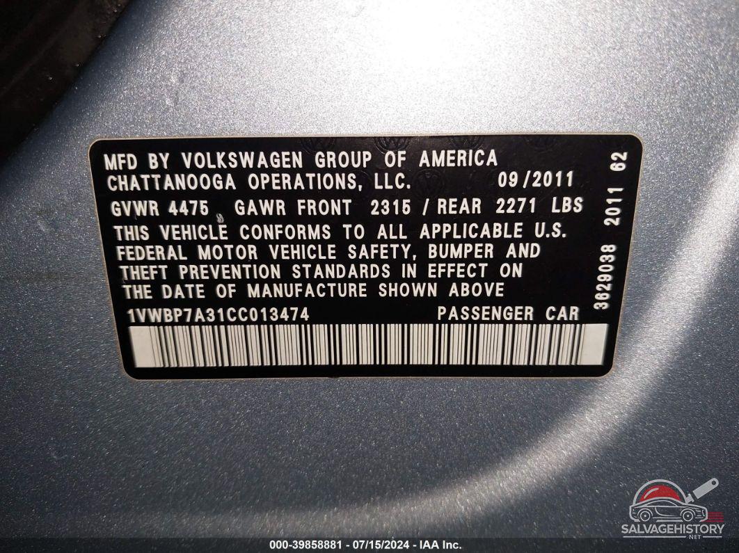 1VWBP7A31CC013474 2012 VOLKSWAGEN PASSAT photo no. 9