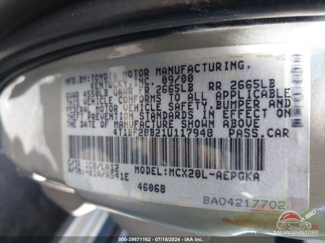 4T1BF28B21U117948 2001 TOYOTA AVALON photo no. 9