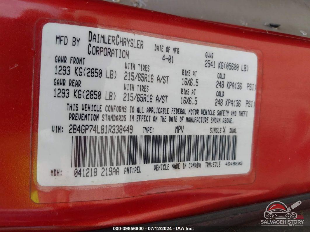2B4GP74L81R338449 2001 DODGE GRAND CARAVAN photo no. 9