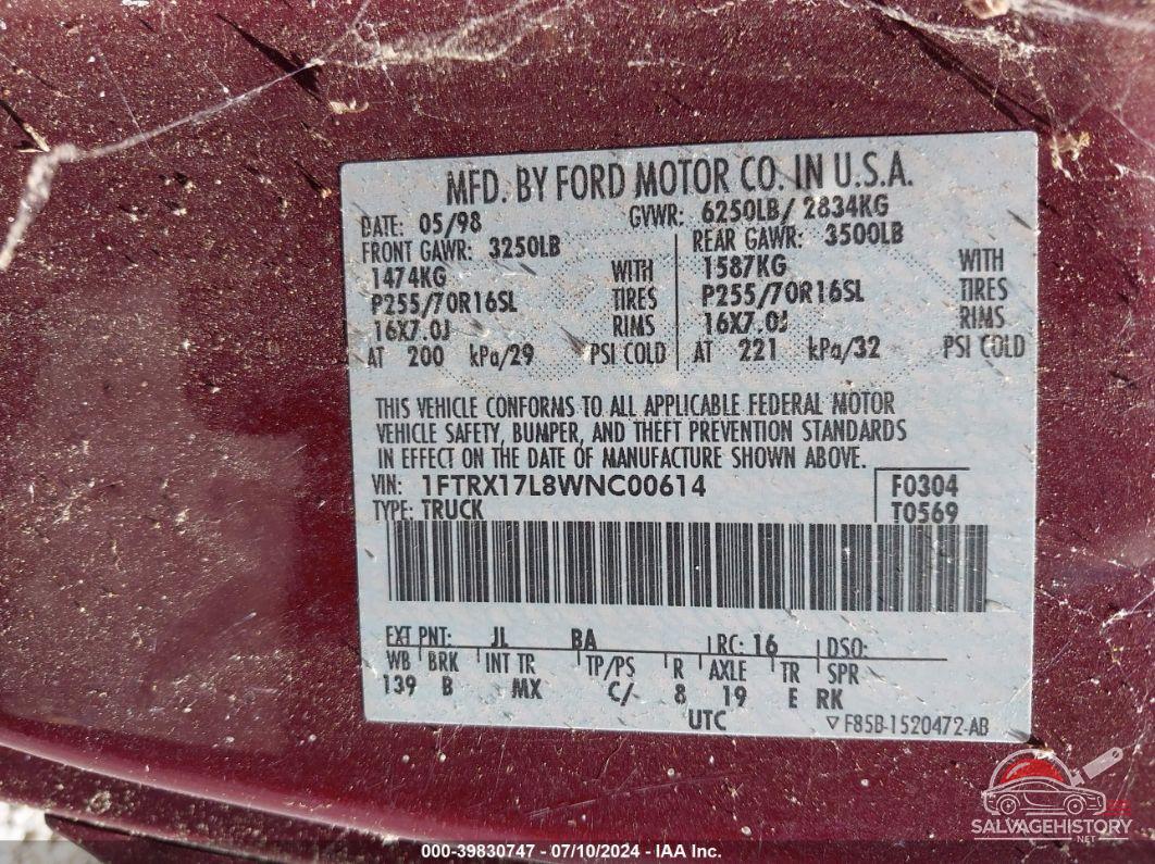 1FTRX17L8WNC00614 1998 FORD F-150 photo no. 9